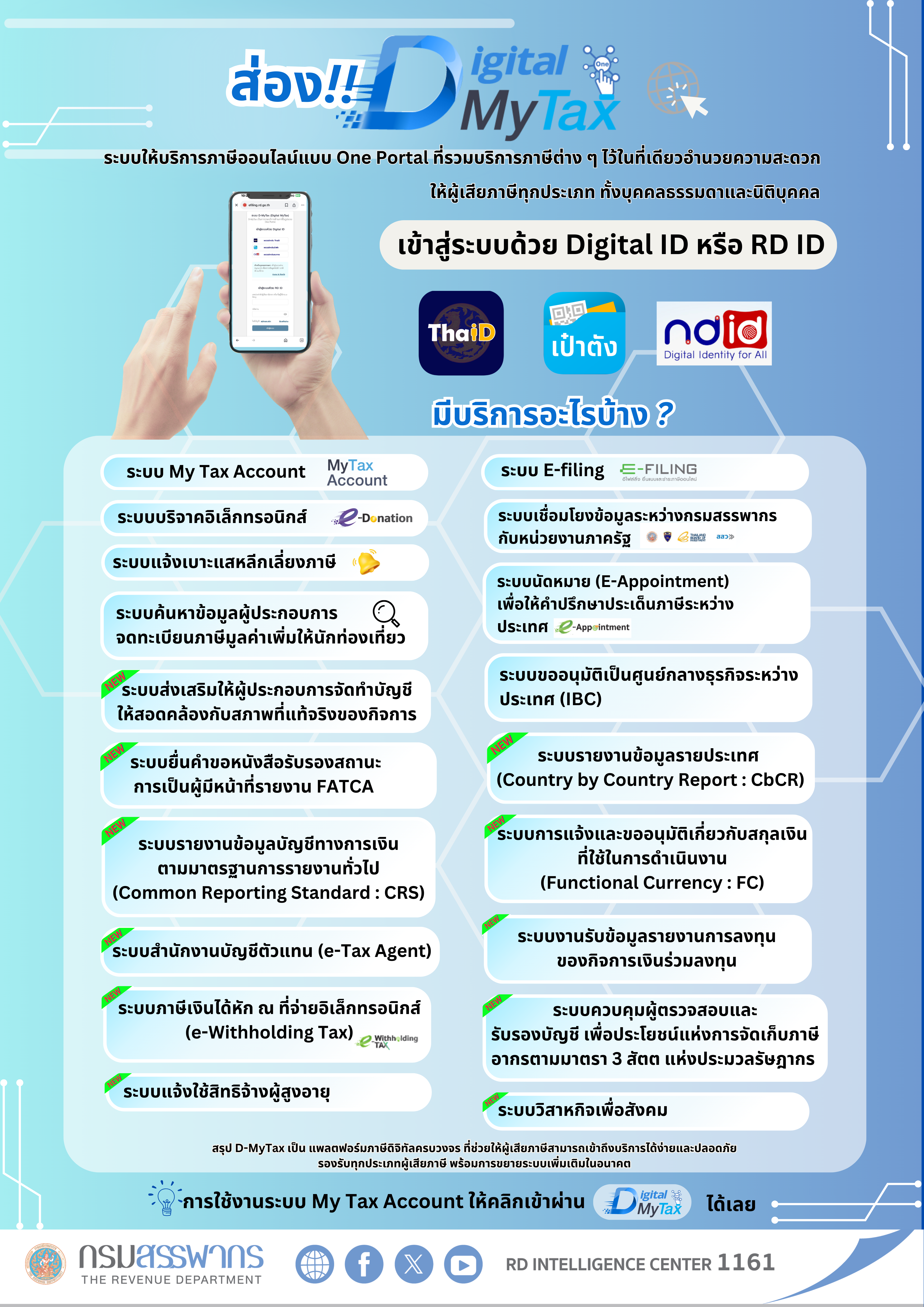 ระบบ D-MyTax  (Digital MyTax) ระบบให้บริการภาษีออนไลน์แบบ One Portal ที่รวมบริการภาษีต่างๆ ไว้ที่เดียวกัน อำนวยความสะดวกให้ผู้เสียภาษีทุกประเภท ทั้งบุคคลธรรมดาและนิติบุคคล