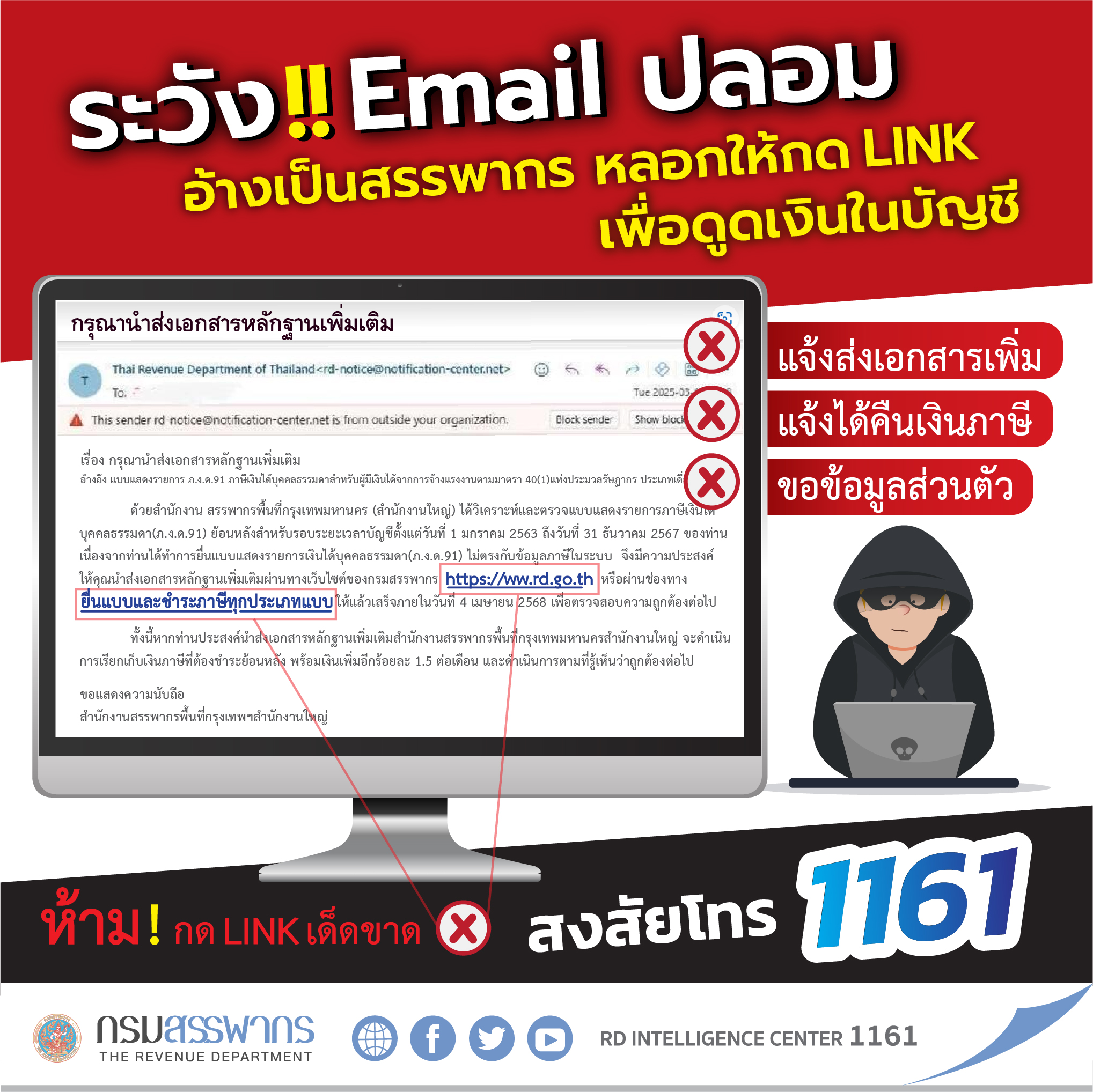 ระวังมิจฉาชีพส่ง Email ปลอม แอบอ้างเป็นสรรพากร ห้ามกด Link เด็ดขาด