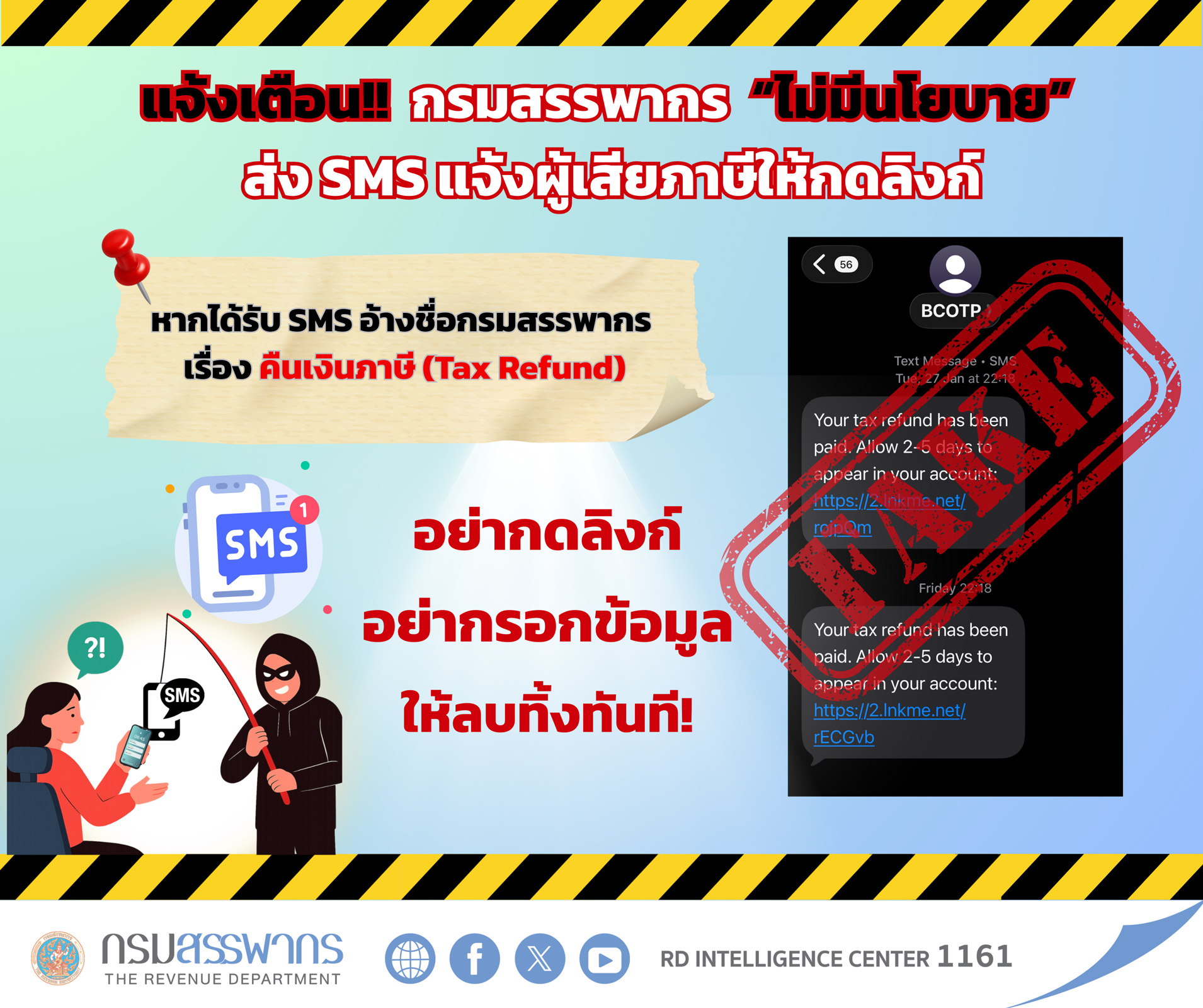 แจ้งเตือน!! มิจฉาชีพส่ง SMS แจ้งคืนเงินภาษี (Tax Refund) และแนบลิงก์ อย่ากดลิงก์เด็ดขาด!