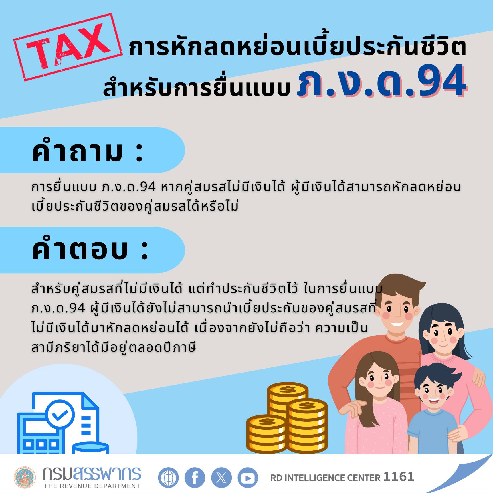 การหักลดหย่อนเบี้ยประกันชีวิต สำหรับการยื่นแบบ ภ.ง.ด.94 กรณีคู่สมรสไม่มีเงินได้‼