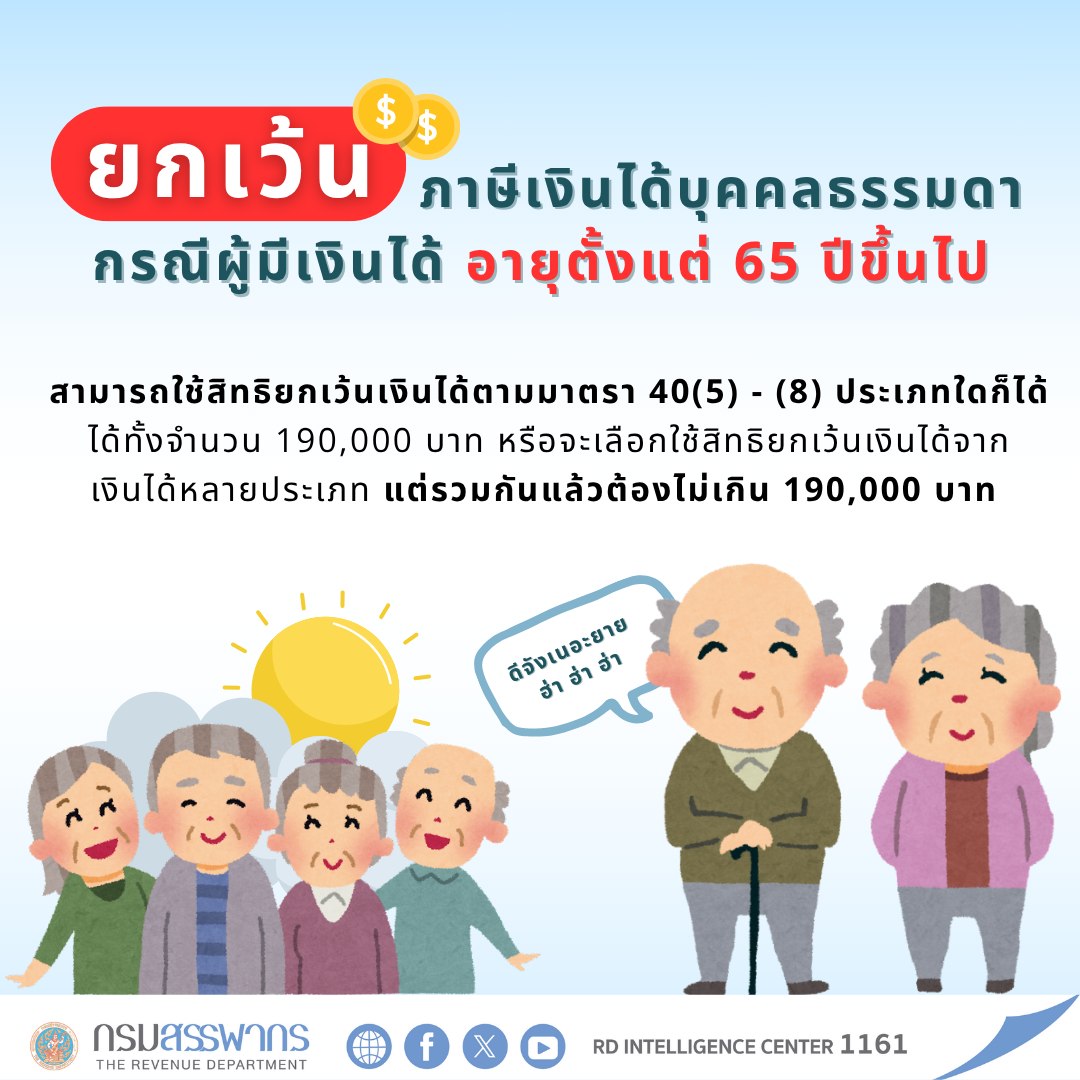 ยื่นแบบ ภ.ง.ด.94 อย่าลืมใช้สิทธิ์‼ ยกเว้นเงินได้ 190,000 บาท กรณีผู้มีเงินได้อายุตั้งแต่ 65 ปีขึ้นไป