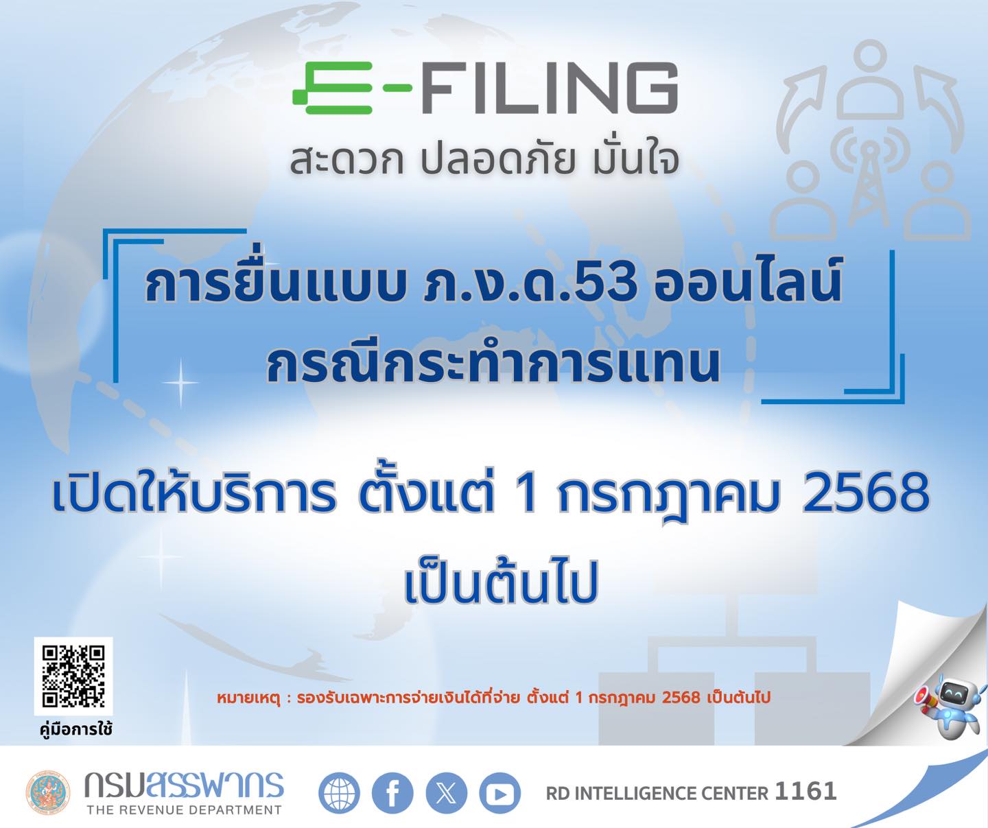 กรมสรรพากรเปิดให้บริการใหม่! ผู้กระทำการแทน สามารถ ยื่นแบบ ภ.ง.ด.53 ออนไลน์ ในนามผู้จ่ายเงินได้ ผ่านระบบ e-Filing เริ่มตั้งแต่วันที่ 1 กรกฎาคม 2568 เป็นต้นไป